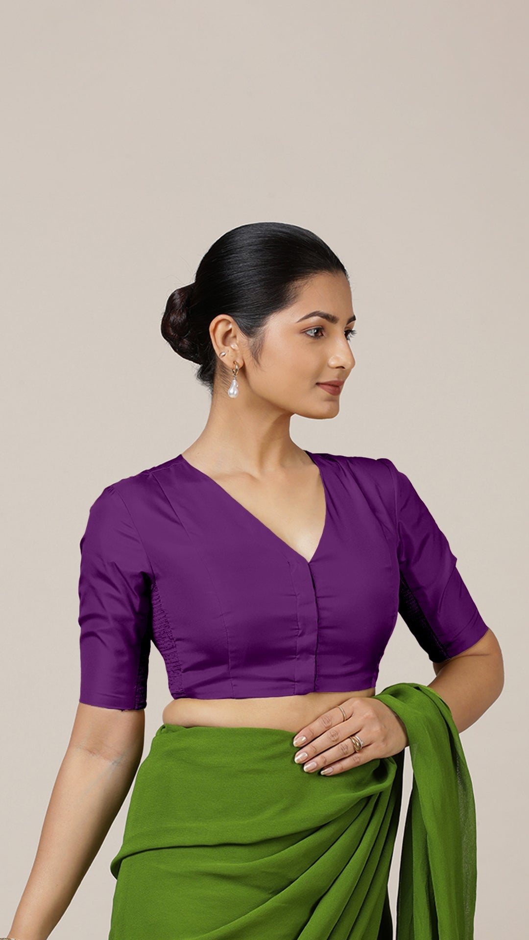 Begum x Rozaana Saree Blouse, in Purple Vegan Silk, featuring elbow sleeves and v-neckline, made for daily & work.
