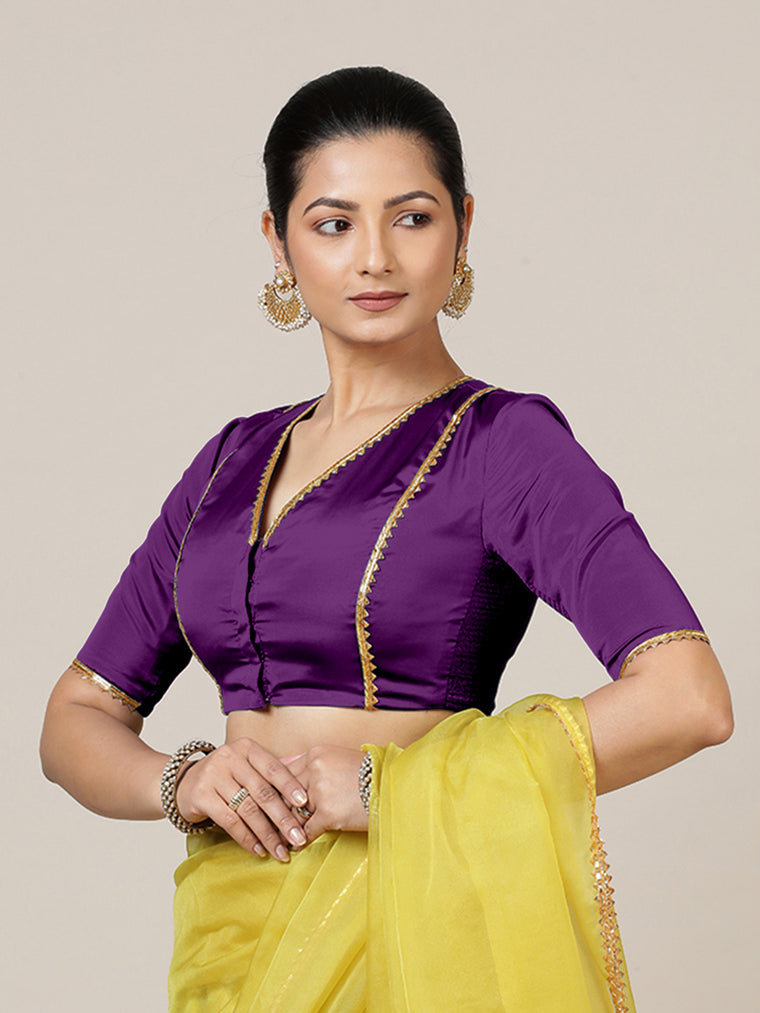Begum x Tyohaar Saree Blouse, in Purple Vegan Silk, featuring elbow sleeves and v-neckline, made for party & festive.