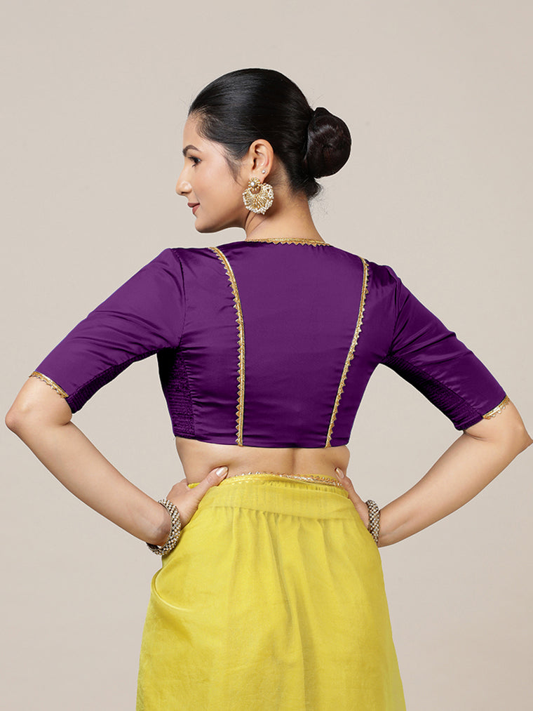 Begum x Tyohaar Saree Blouse, in Purple Vegan Silk, featuring elbow sleeves and v-neckline, made for party & festive (view 2).