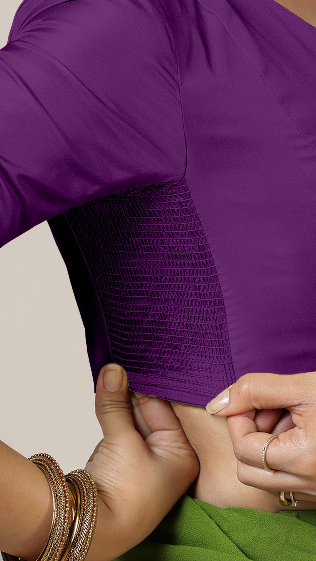Begum x Rozaana Saree Blouse, in Purple Vegan Silk, featuring elbow sleeves and v-neckline, made for daily & work (view 3).