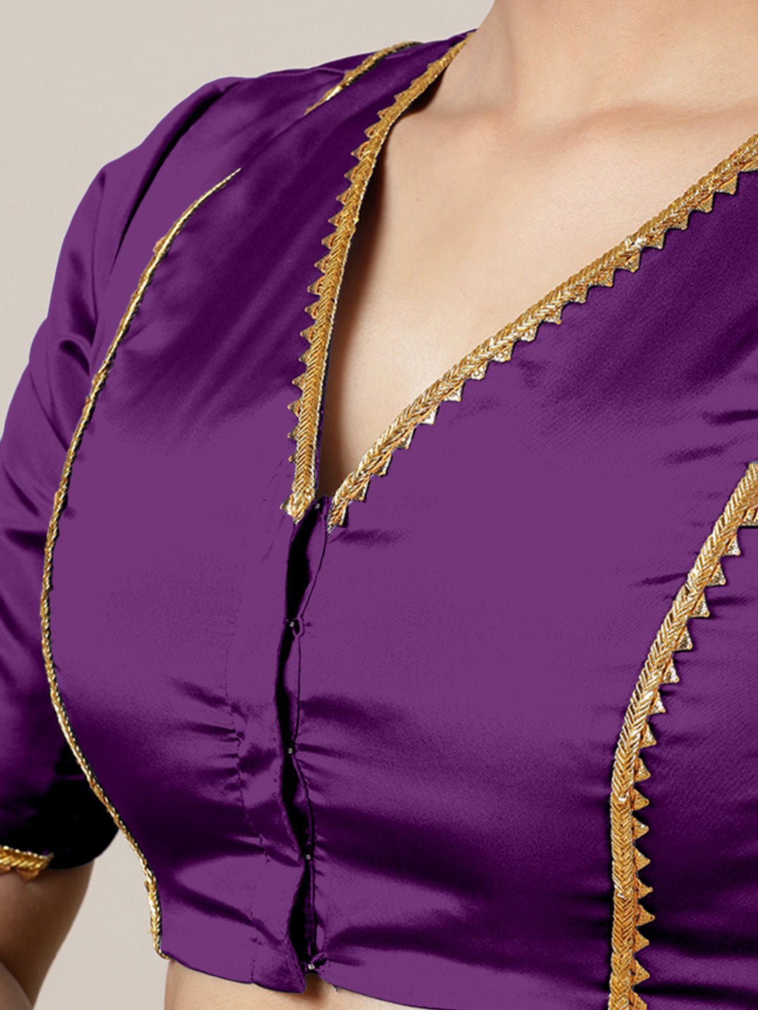 Begum x Tyohaar Saree Blouse, in Purple Vegan Silk, featuring elbow sleeves and v-neckline, made for party & festive (view 3).