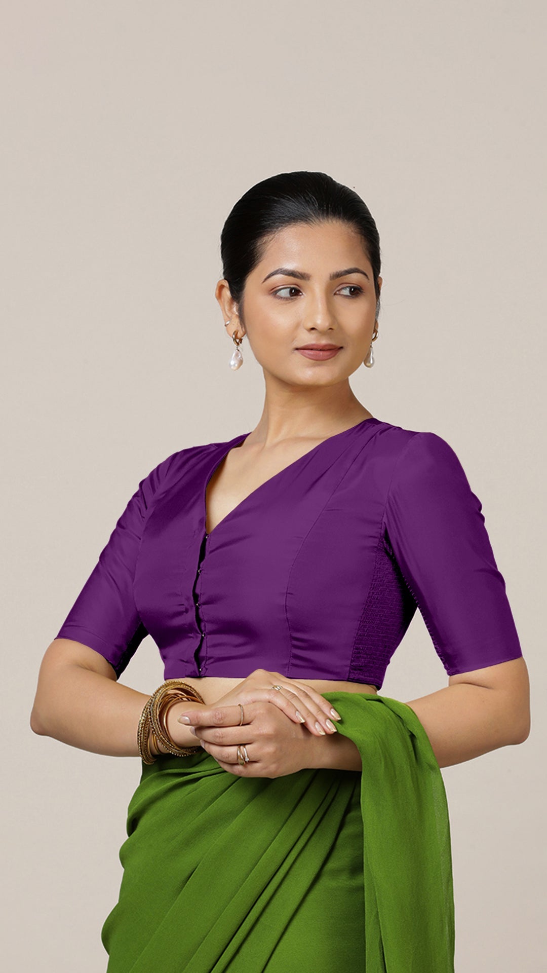 Begum x Rozaana Saree Blouse, in Purple Vegan Silk, featuring elbow sleeves and v-neckline, made for daily & work (view 5).