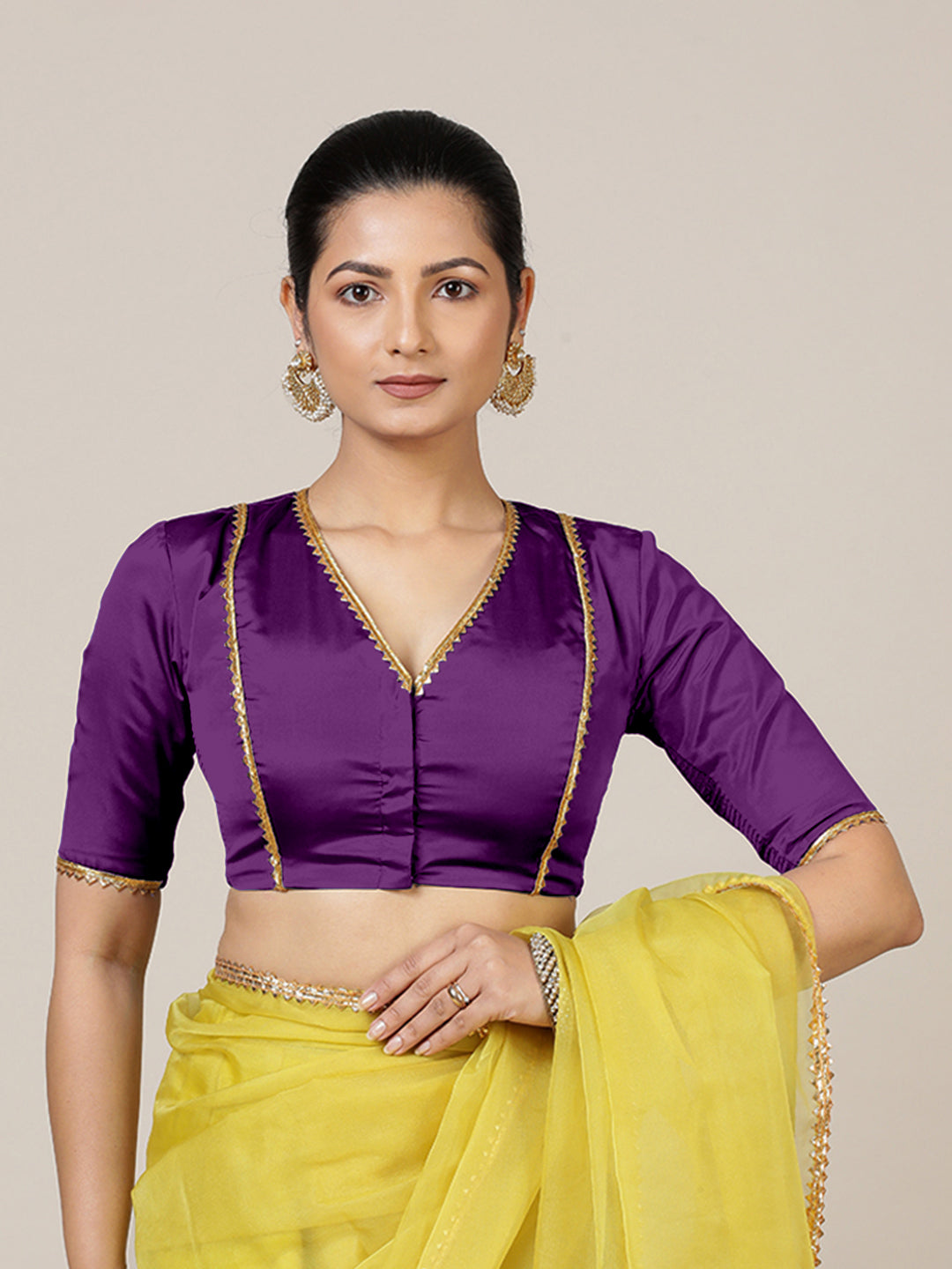 Begum x Tyohaar Saree Blouse, in Purple Vegan Silk, featuring elbow sleeves and v-neckline, made for party & festive (view 6).