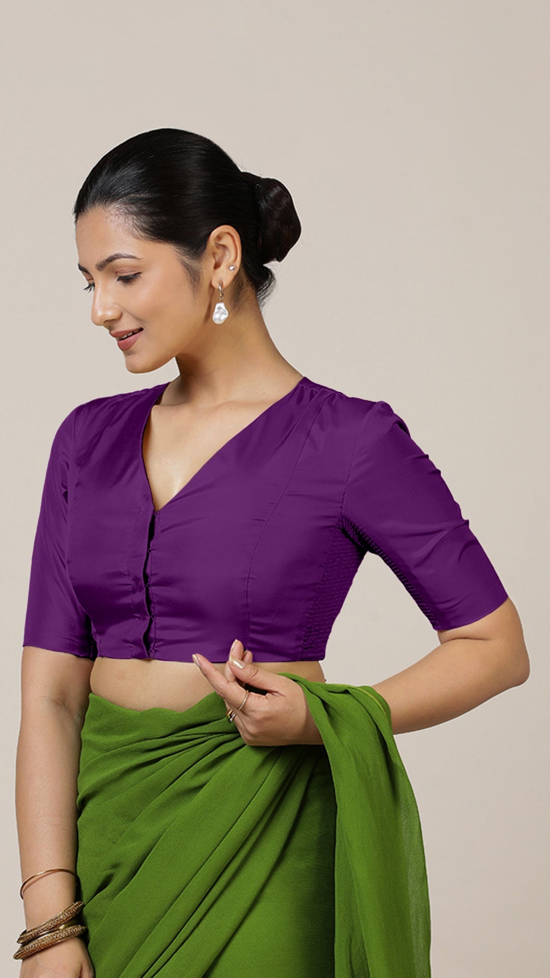 Begum x Rozaana Saree Blouse, in Purple Vegan Silk, featuring elbow sleeves and v-neckline, made for daily & work (view 7).