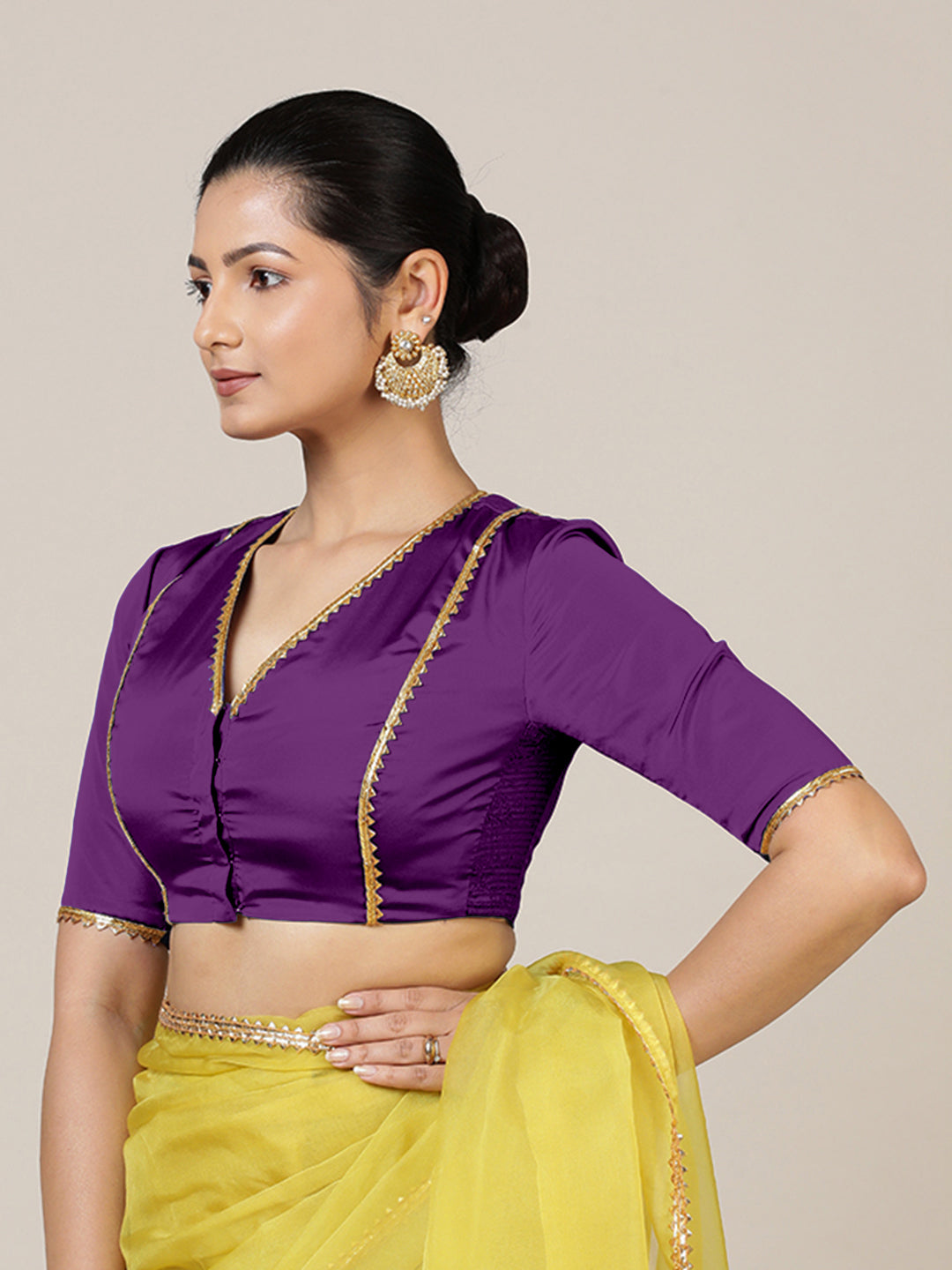 Begum x Tyohaar Saree Blouse, in Purple Vegan Silk, featuring elbow sleeves and v-neckline, made for party & festive (view 7).