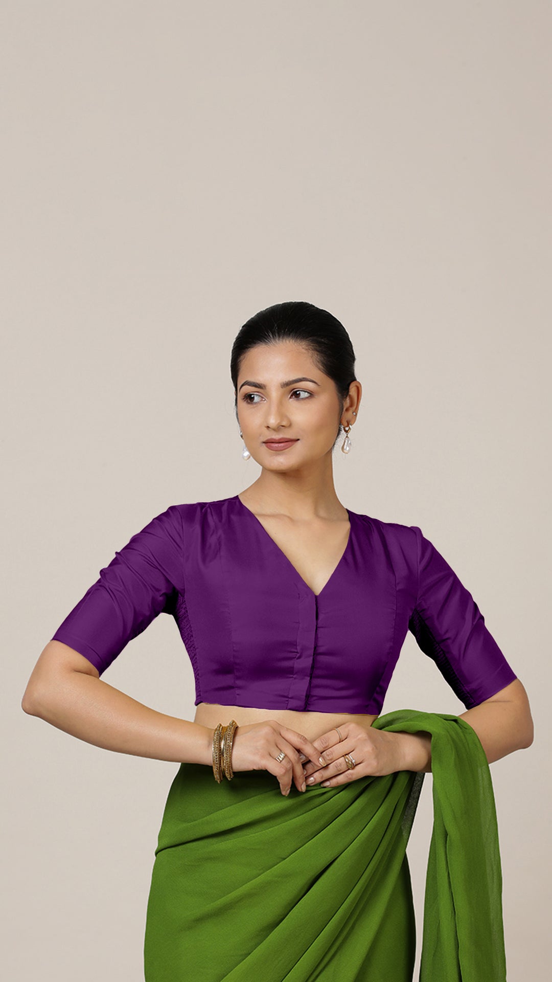 Begum x Rozaana Saree Blouse, in Purple Vegan Silk, featuring elbow sleeves and v-neckline, made for daily & work (view 8).