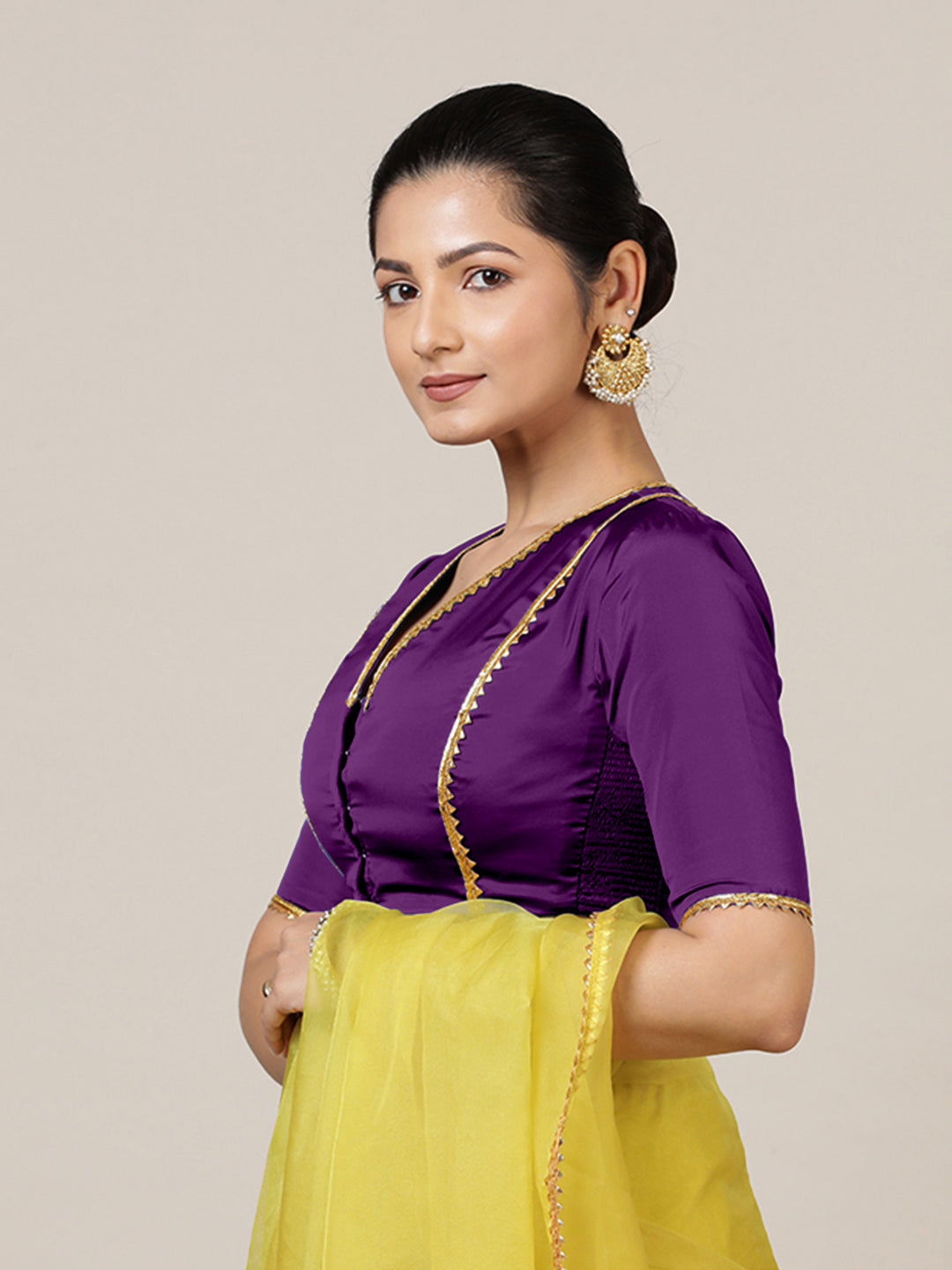 Begum x Tyohaar Saree Blouse, in Purple Vegan Silk, featuring elbow sleeves and v-neckline, made for party & festive (view 8).