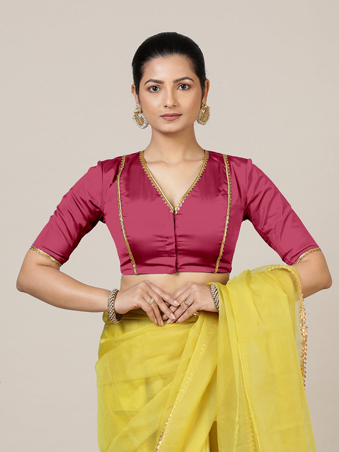 Begum x Tyohaar Saree Blouse, in Pink Vegan Silk, featuring elbow sleeves and v-neckline, made for party & festive.