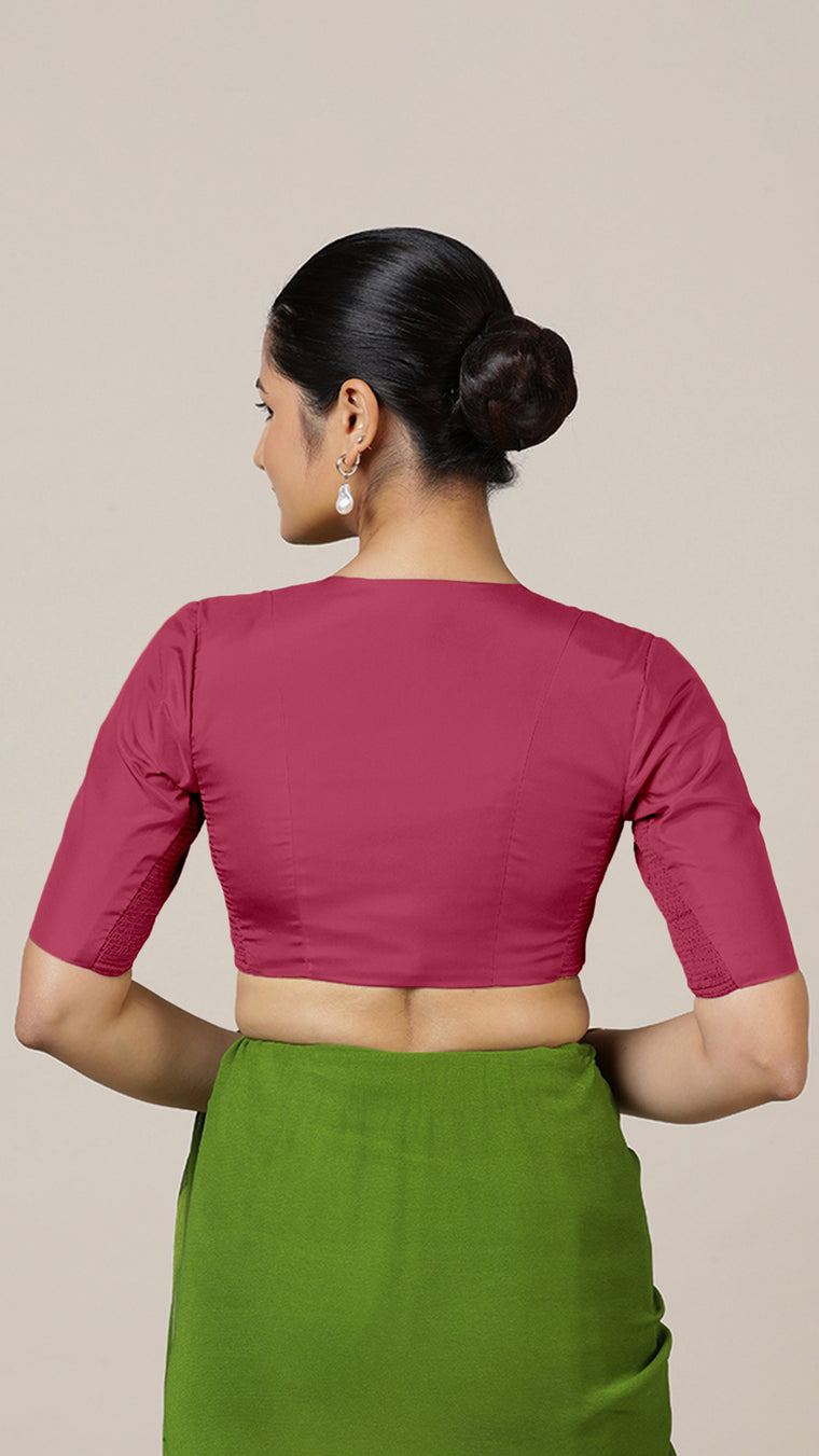 Begum x Rozaana Saree Blouse, in Pink Vegan Silk, featuring elbow sleeves and v-neckline, made for daily & work (view 2).