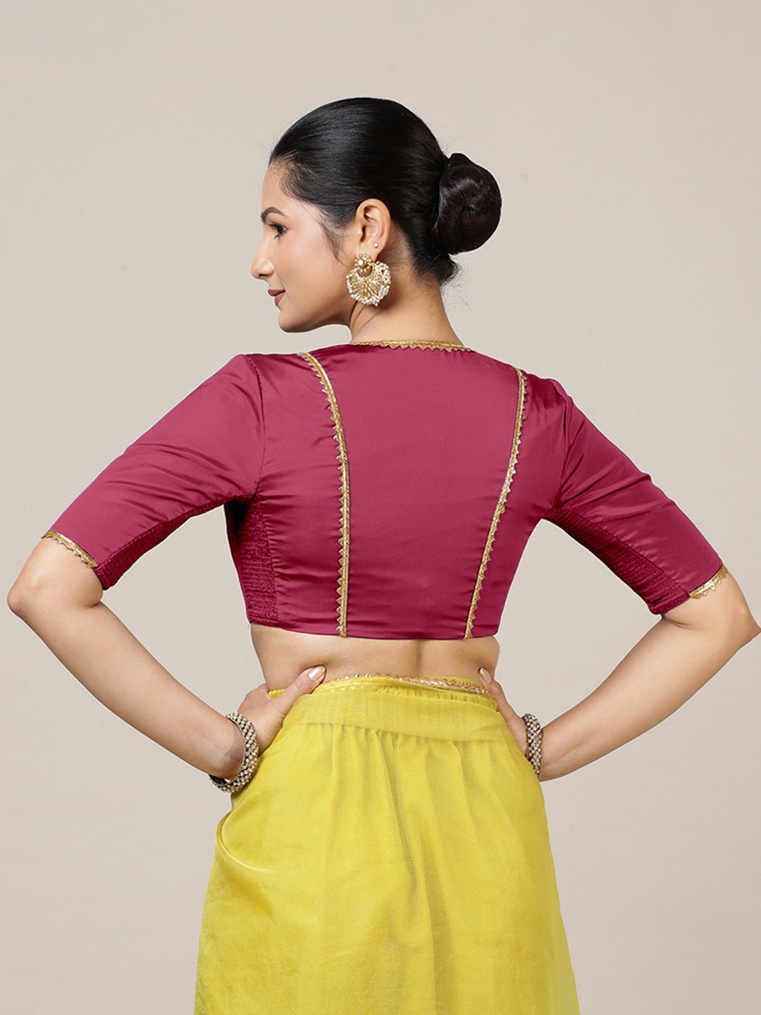 Begum x Tyohaar Saree Blouse, in Pink Vegan Silk, featuring elbow sleeves and v-neckline, made for party & festive (view 2).