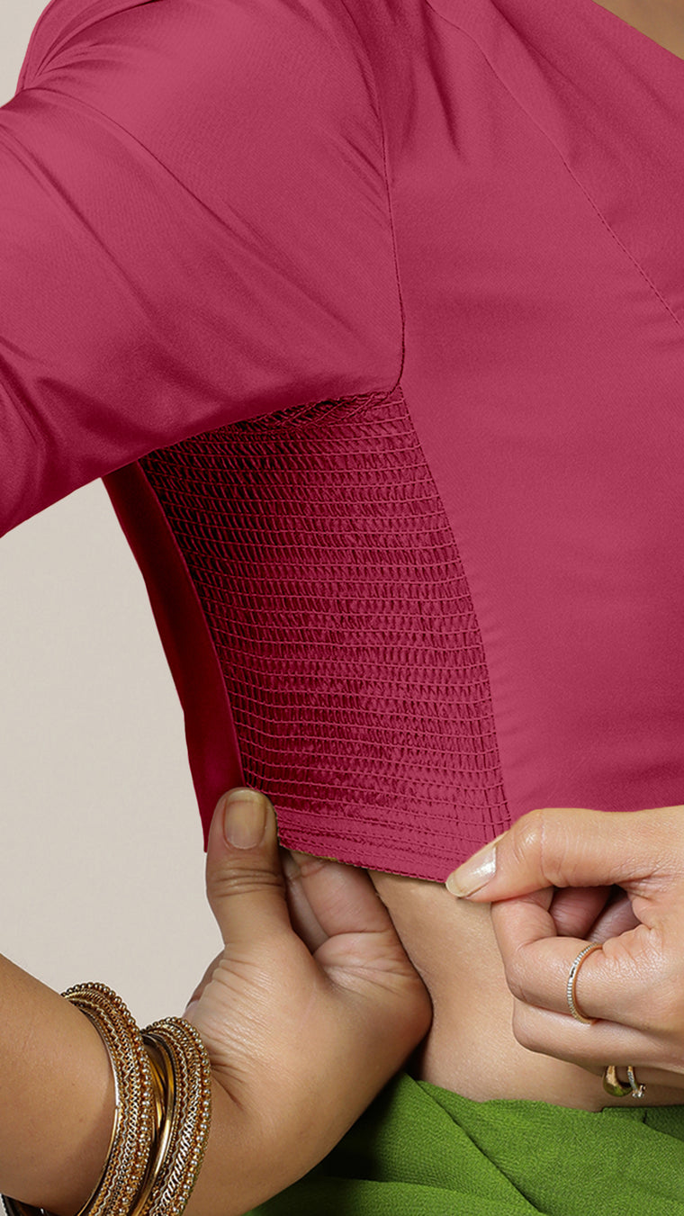 Begum x Rozaana Saree Blouse, in Pink Vegan Silk, featuring elbow sleeves and v-neckline, made for daily & work (view 3).