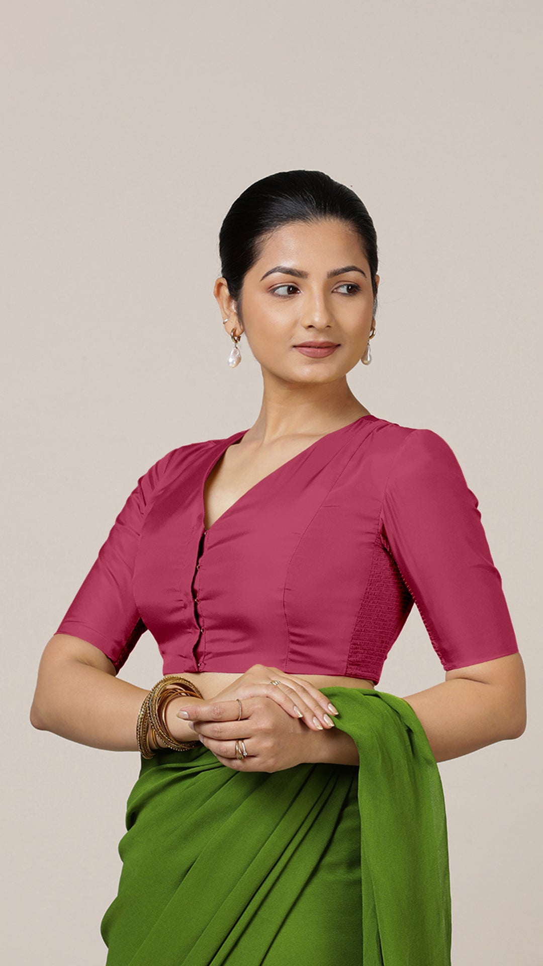 Begum x Rozaana Saree Blouse, in Pink Vegan Silk, featuring elbow sleeves and v-neckline, made for daily & work (view 6).