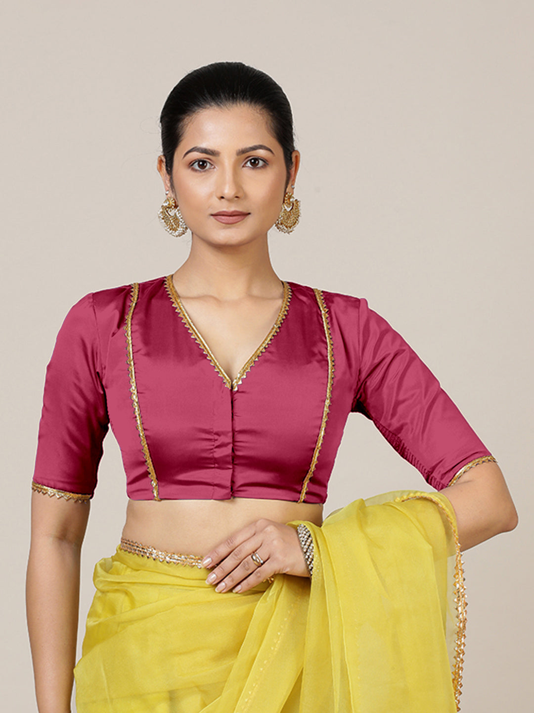 Begum x Tyohaar Saree Blouse, in Pink Vegan Silk, featuring elbow sleeves and v-neckline, made for party & festive (view 6).