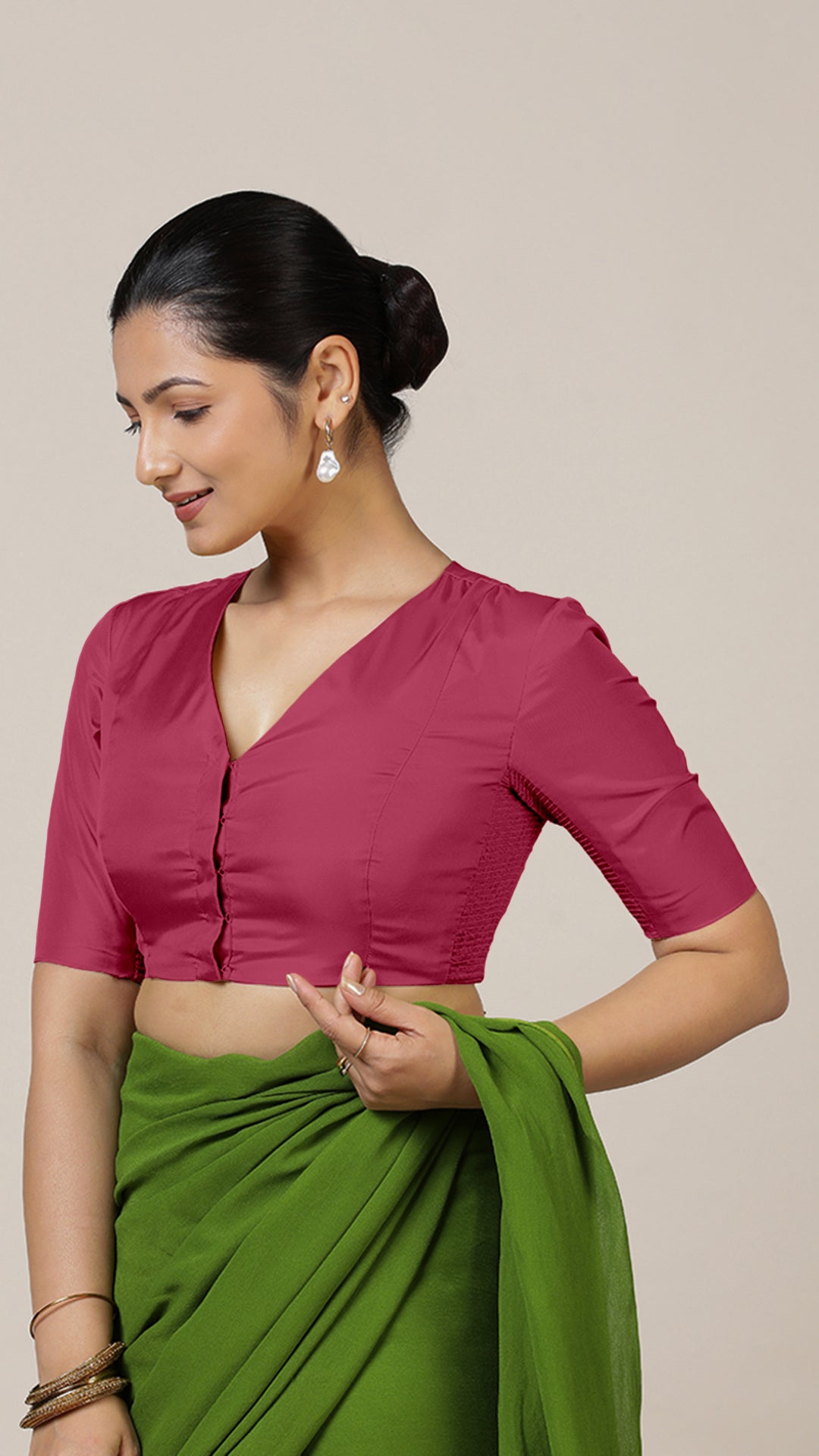 Begum x Rozaana Saree Blouse, in Pink Vegan Silk, featuring elbow sleeves and v-neckline, made for daily & work (view 8).
