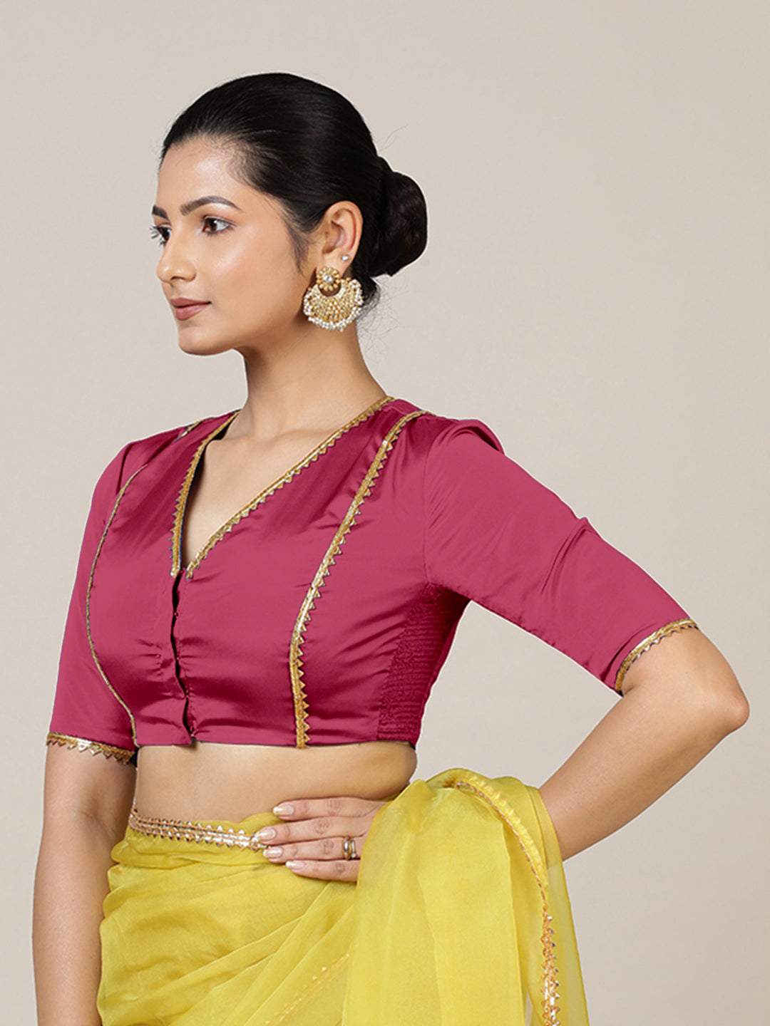 Begum x Tyohaar Saree Blouse, in Pink Vegan Silk, featuring elbow sleeves and v-neckline, made for party & festive (view 8).