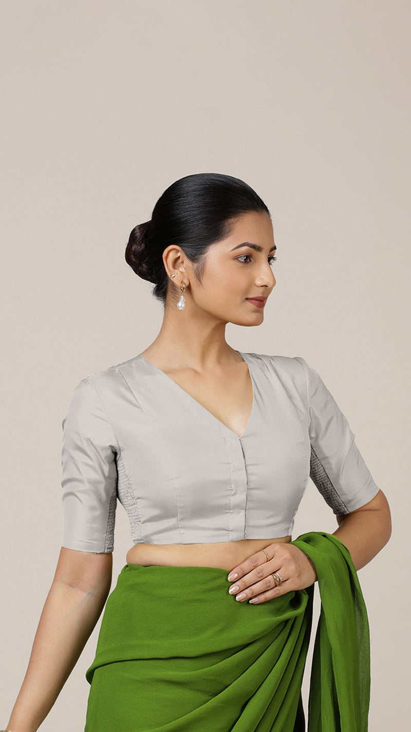 Begum x Rozaana | Elbow Sleeves Saree Blouse in Silver-Binks