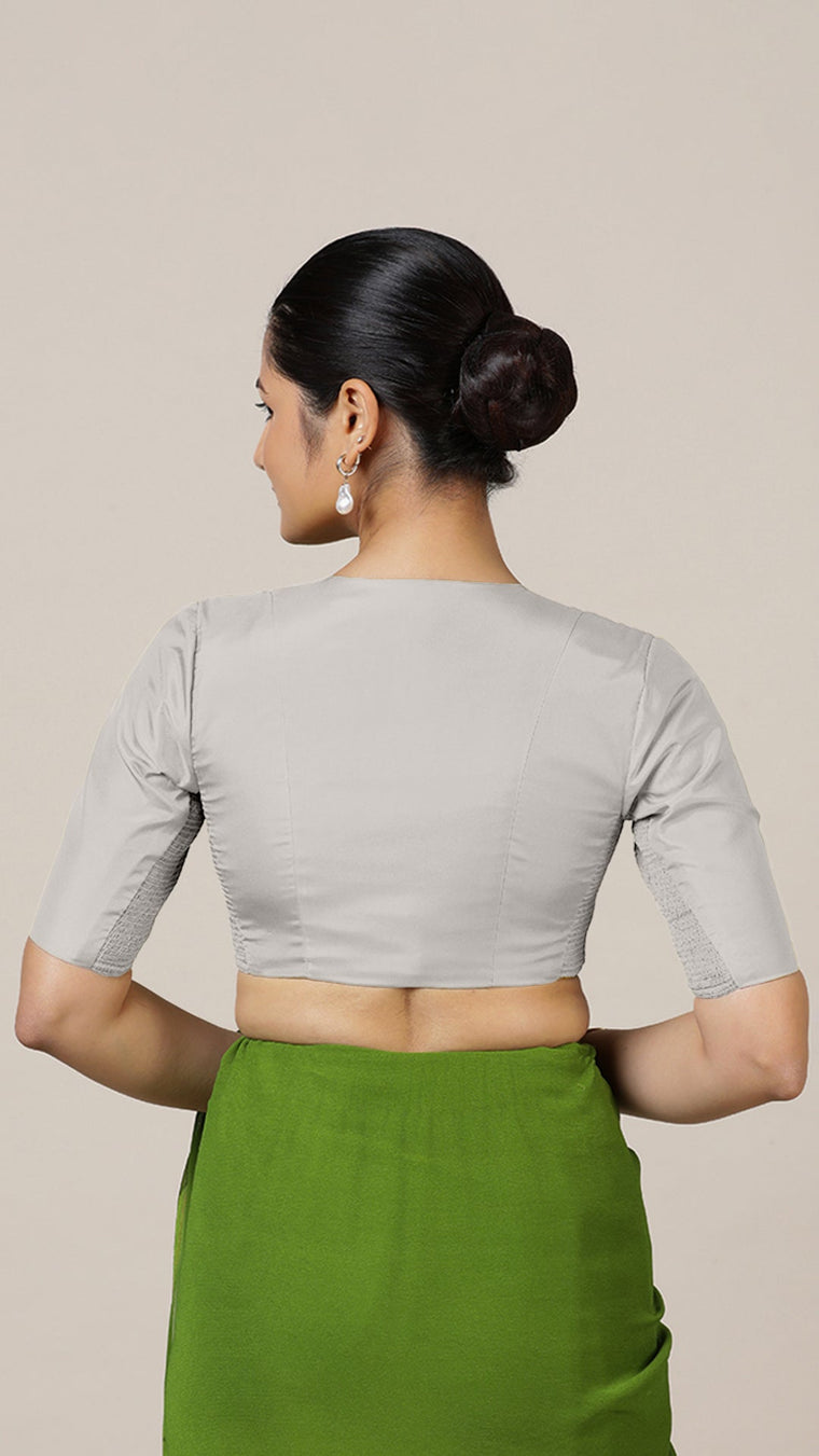 Begum x Rozaana Saree Blouse, in Silver Vegan Silk, featuring elbow sleeves and v-neckline, made for daily & work (view 2).