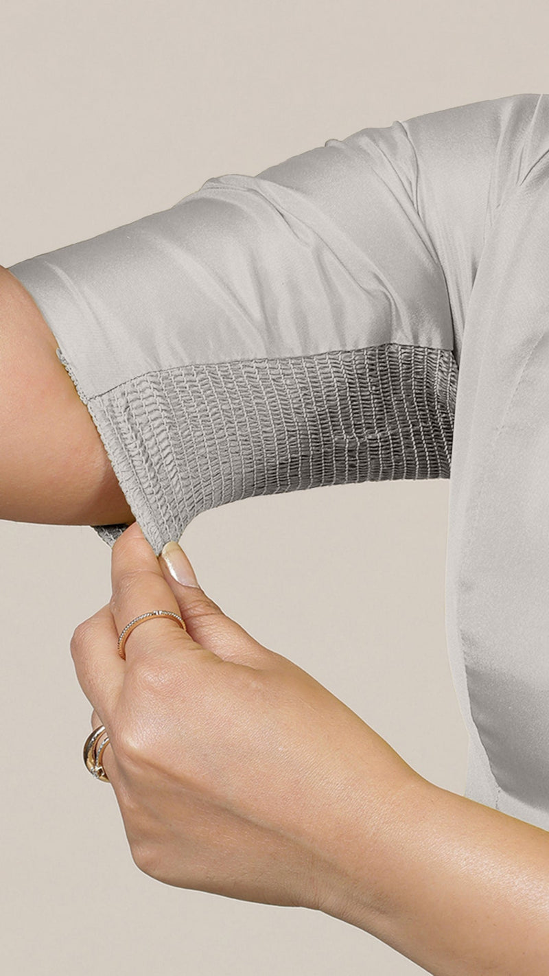 Begum x Rozaana | Elbow Sleeves Saree Blouse in Silver-Binks