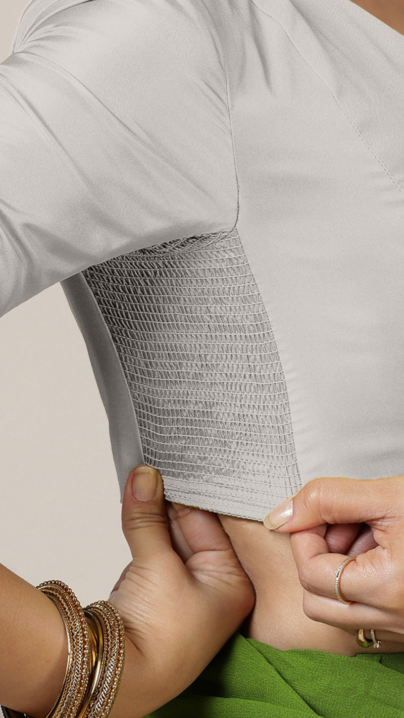 Begum x Rozaana | Elbow Sleeves Saree Blouse in Silver-Binks