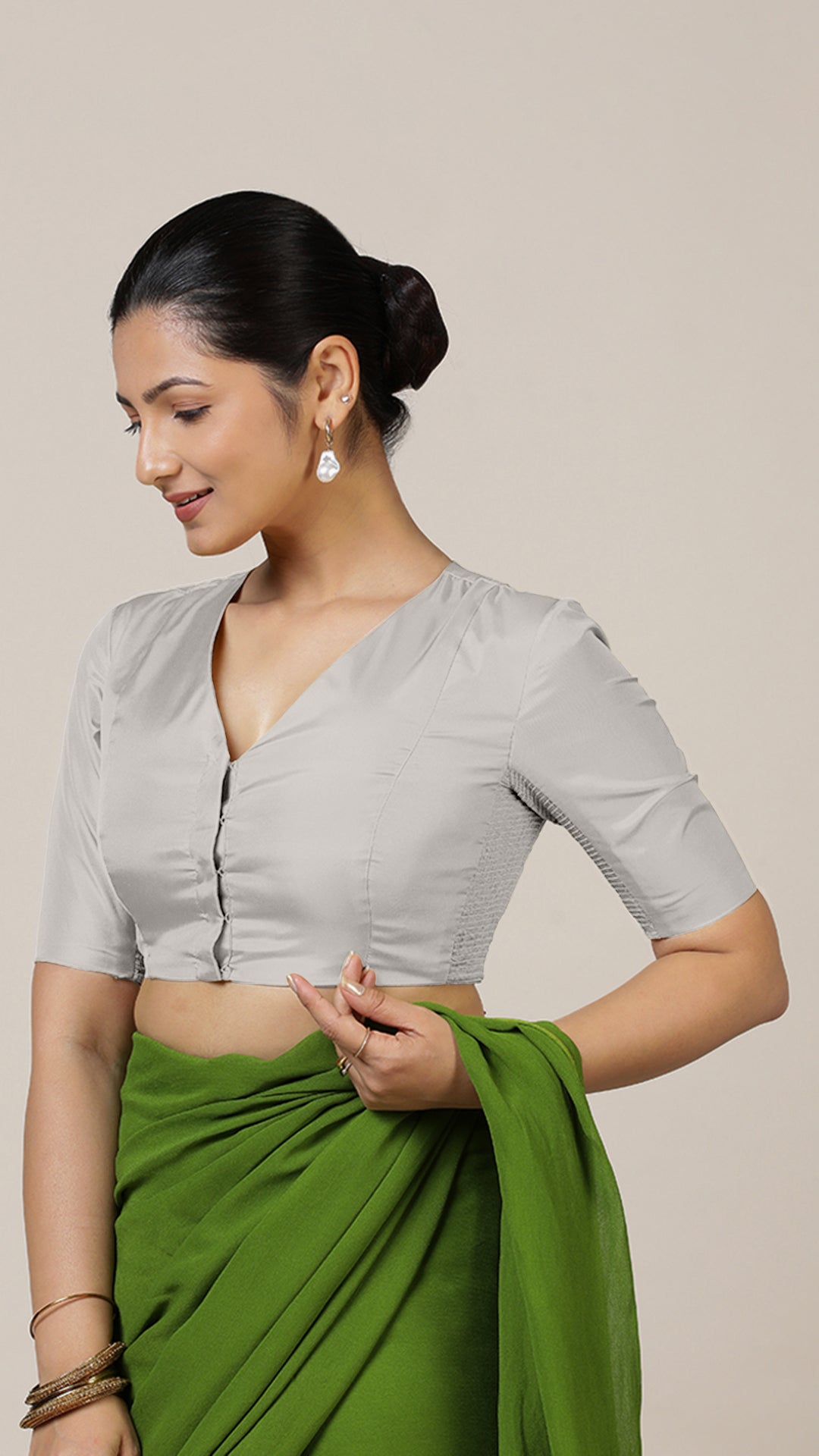 Begum x Rozaana Saree Blouse, in Silver Vegan Silk, featuring elbow sleeves and v-neckline, made for daily & work (view 7).