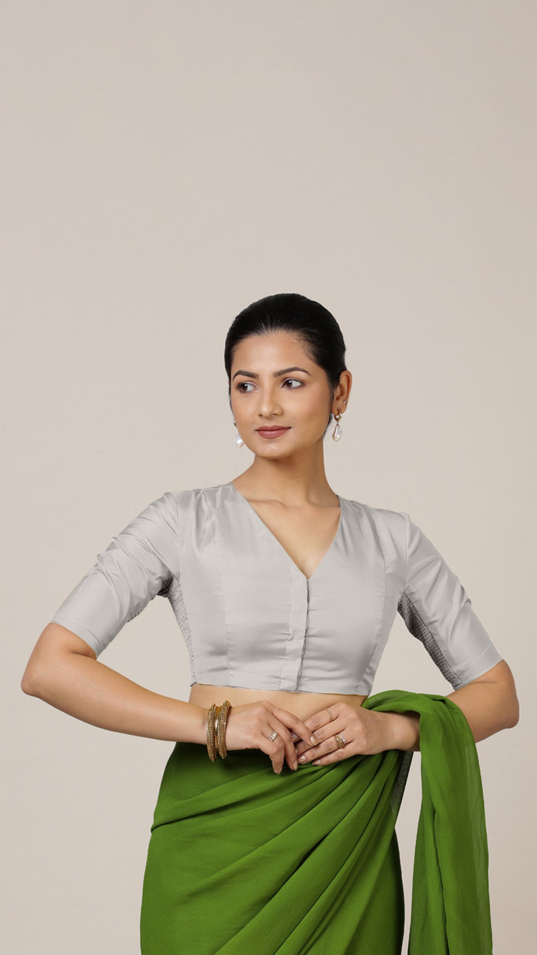 Begum x Rozaana Saree Blouse, in Silver Vegan Silk, featuring elbow sleeves and v-neckline, made for daily & work (view 8).