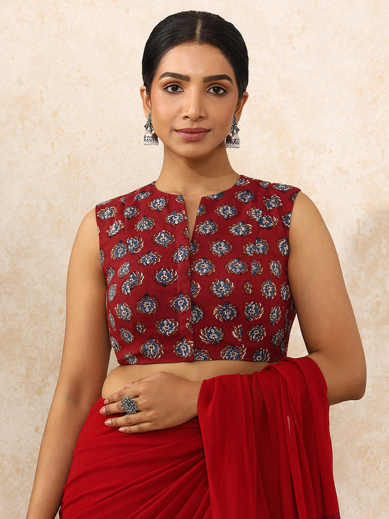 Bhavi x Rozaana Saree Blouse, in Red 100% Cotton - Block Printed, featuring sleeveless and jewel neckline.