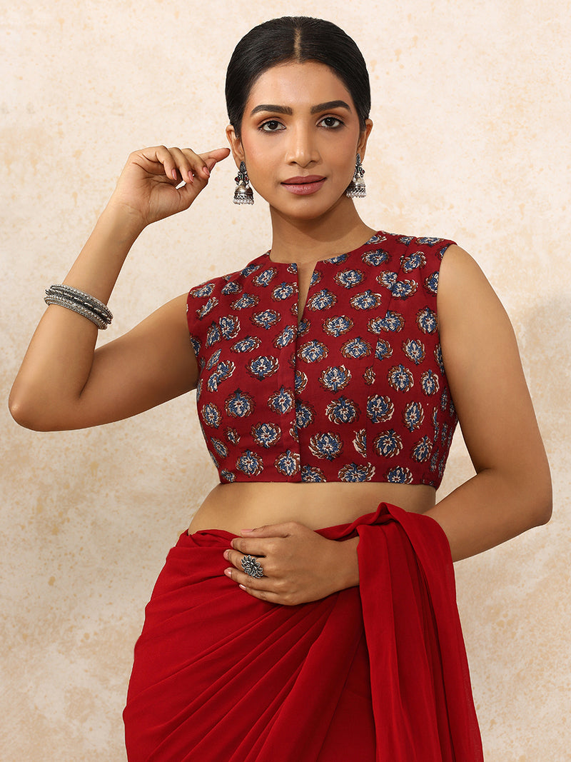 Bhavi x Rozaana | Sleeveless Saree Blouse in Crimson Field Block Print Cotton-Binks