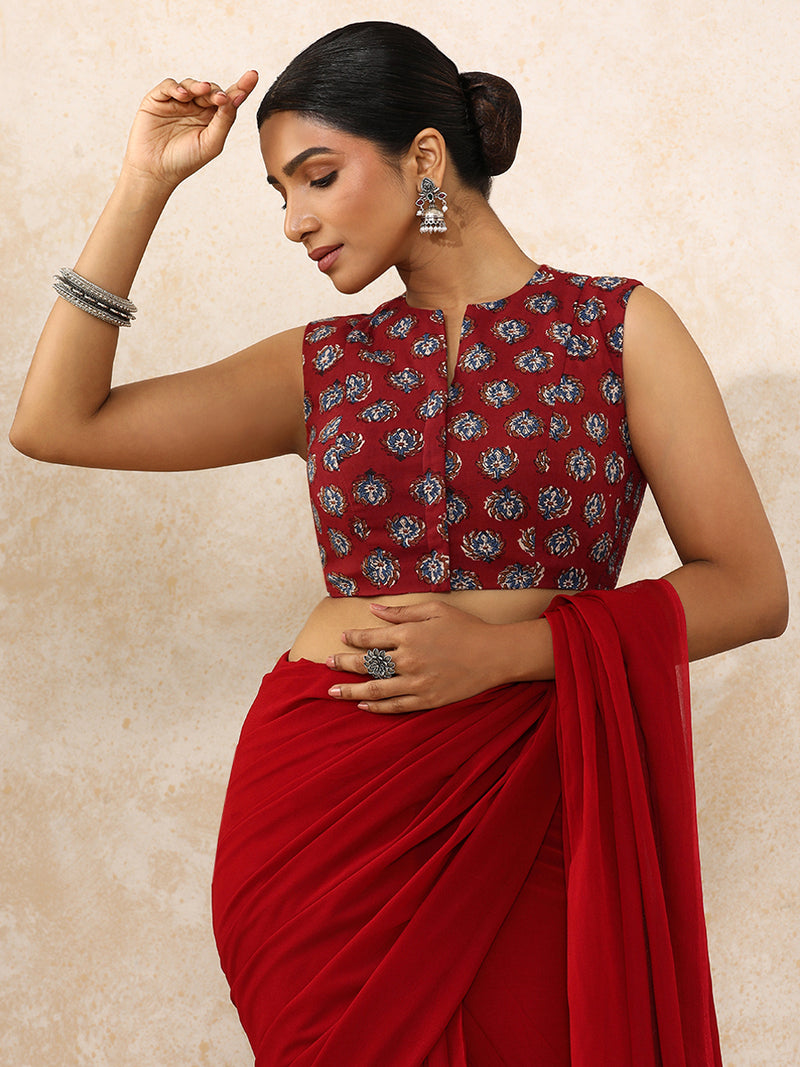 Bhavi x Rozaana | Sleeveless Saree Blouse in Crimson Field Block Print Cotton-Binks