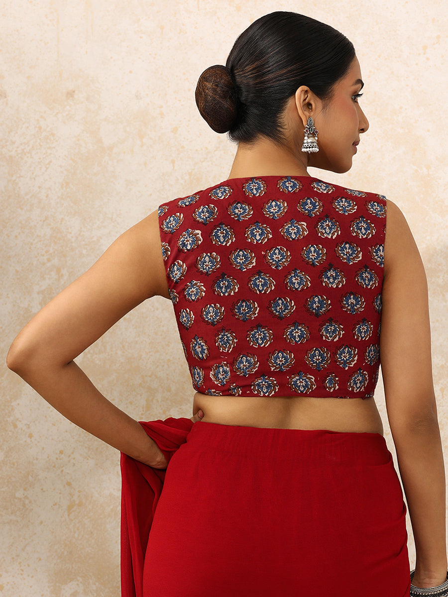 Bhavi x Rozaana Saree Blouse, in Red 100% Cotton - Block Printed, featuring sleeveless and jewel neckline (view 2).