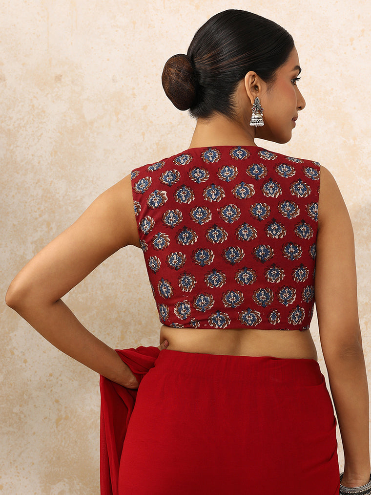 Bhavi x Rozaana Saree Blouse, in Red 100% Cotton - Block Printed, featuring sleeveless and jewel neckline (view 2).