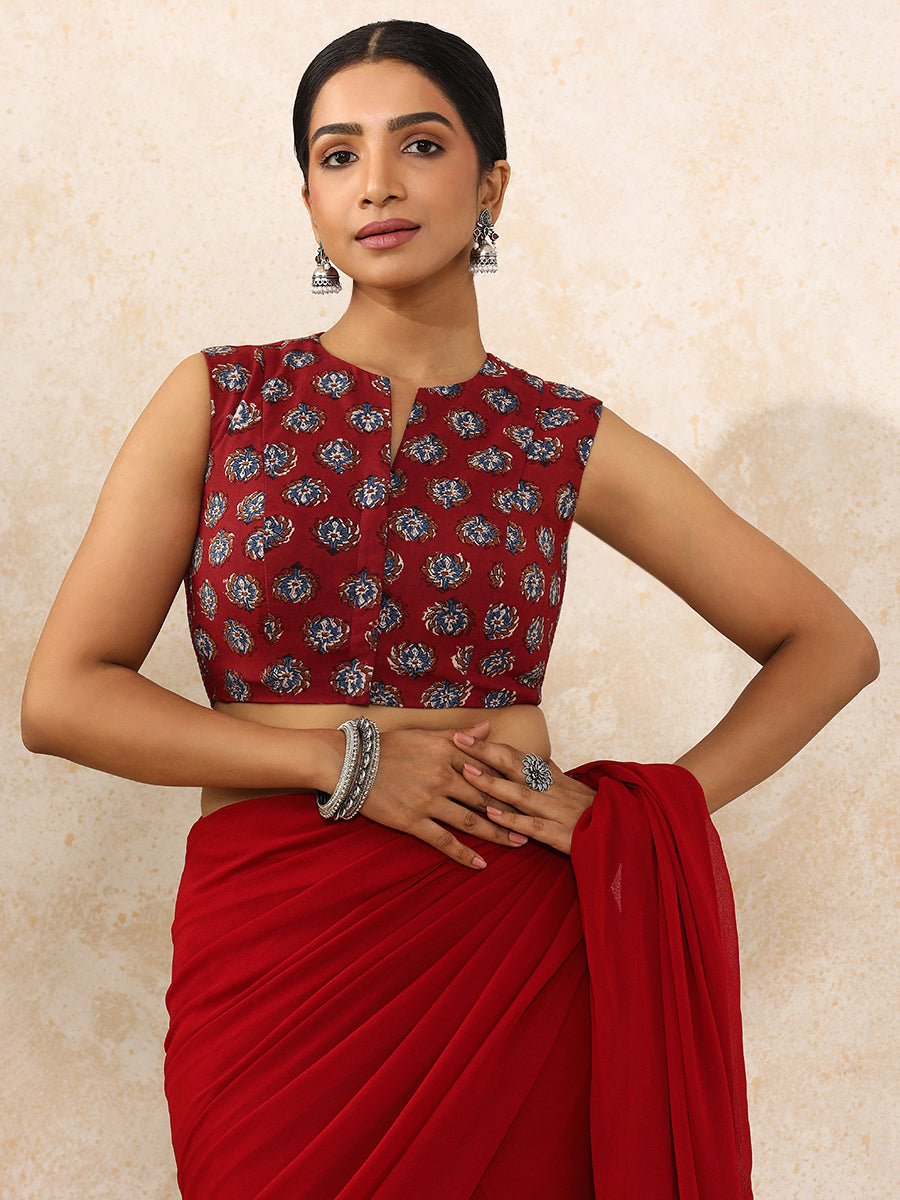 Bhavi x Rozaana Saree Blouse, in Red 100% Cotton - Block Printed, featuring sleeveless and jewel neckline (view 4).