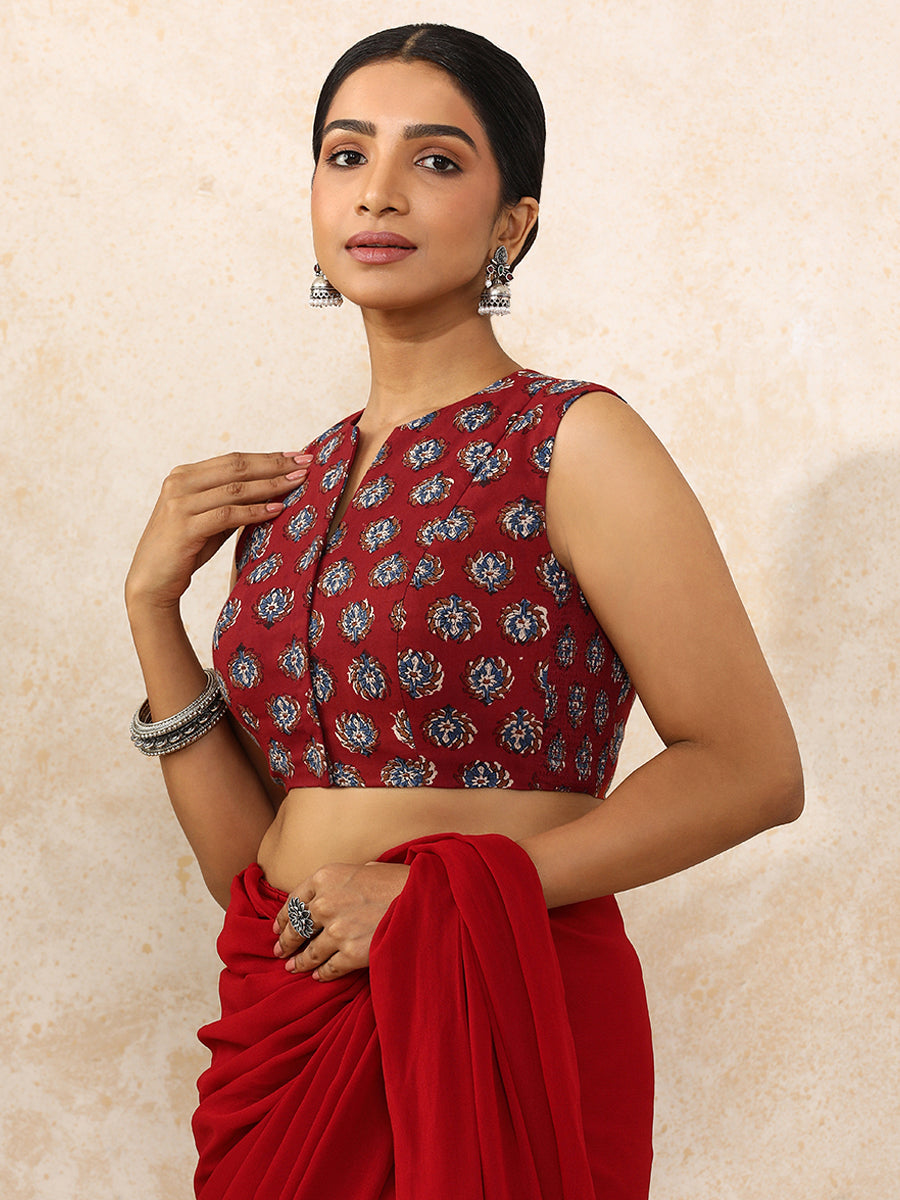 Bhavi x Rozaana Saree Blouse, in Red 100% Cotton - Block Printed, featuring sleeveless and jewel neckline (view 5).