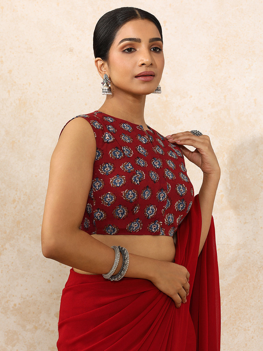 Bhavi x Rozaana Saree Blouse, in Red 100% Cotton - Block Printed, featuring sleeveless and jewel neckline (view 7).