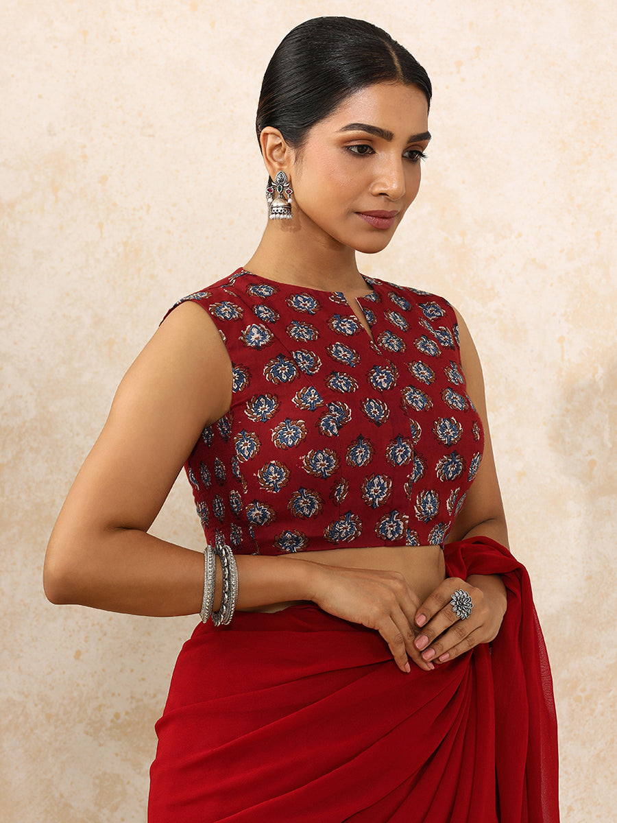 Bhavi x Rozaana Saree Blouse, in Red 100% Cotton - Block Printed, featuring sleeveless and jewel neckline (view 8).
