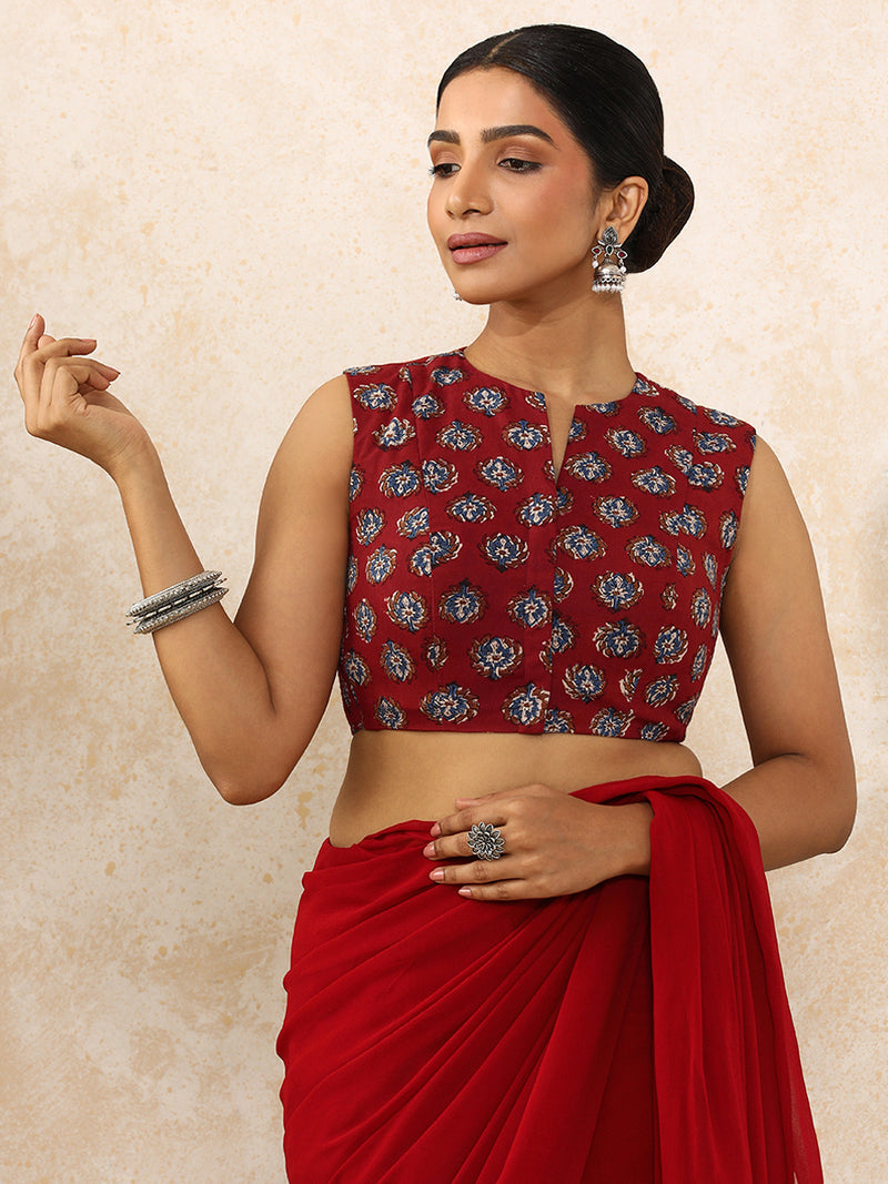 Bhavi x Rozaana | Sleeveless Saree Blouse in Crimson Field Block Print Cotton-Binks