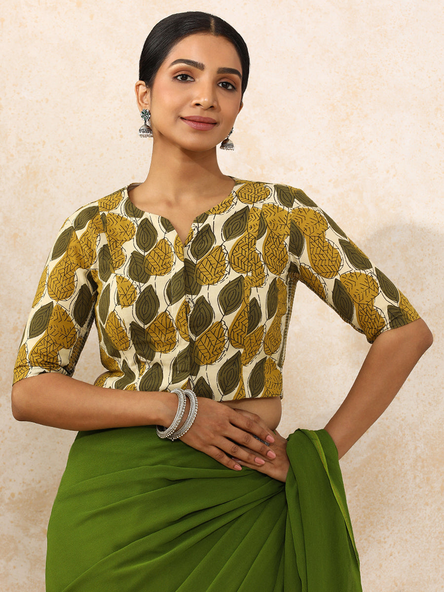 Bhavika x Rozaana | Elbow Sleeves Saree Blouse in Olive Foliage Block Print Cotton