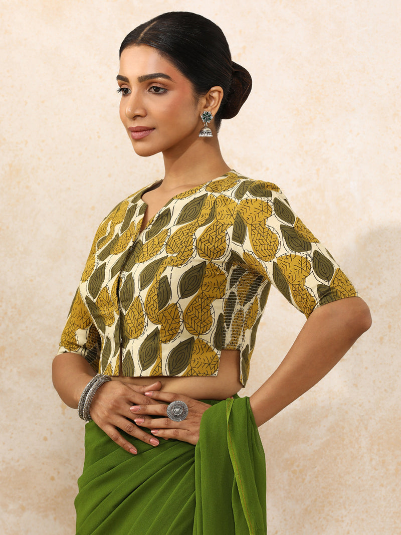 Bhavika x Rozaana | Elbow Sleeves Saree Blouse in Olive Foliage Block Print Cotton-Binks
