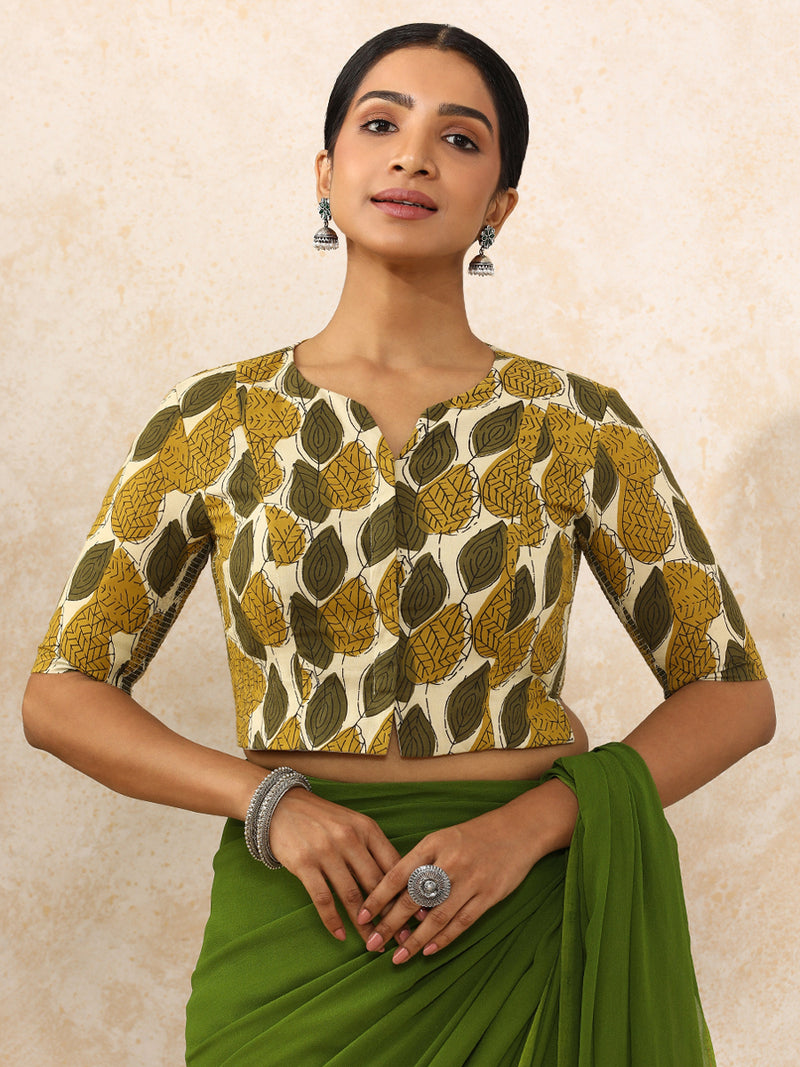 Bhavika x Rozaana | Elbow Sleeves Saree Blouse in Olive Foliage Block Print Cotton-Binks