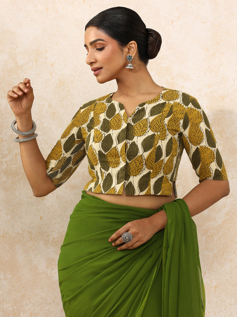 Bhavika x Rozaana | Elbow Sleeves Saree Blouse in Olive Foliage Block Print Cotton-Binks