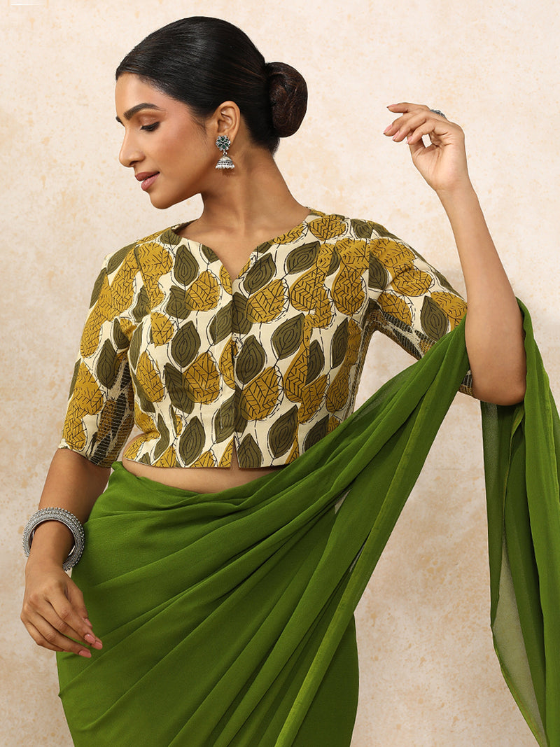Bhavika x Rozaana | Elbow Sleeves Saree Blouse in Olive Foliage Block Print Cotton-Binks