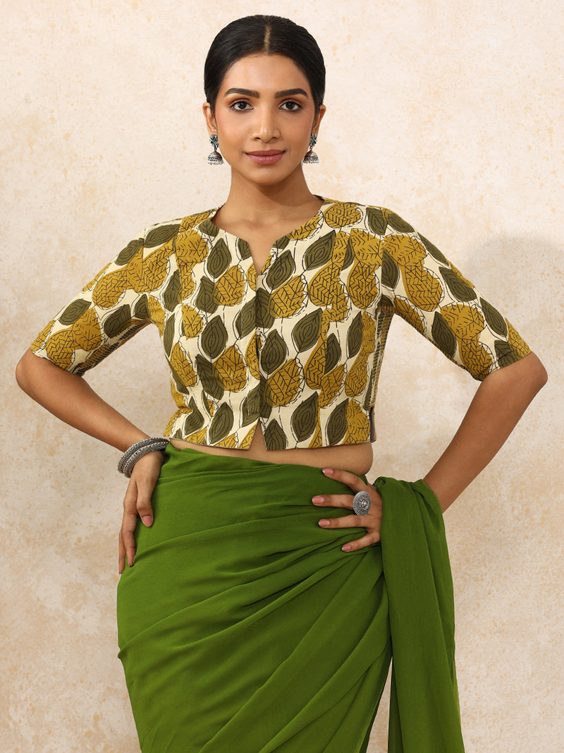 Bhavika x Rozaana | Elbow Sleeves Saree Blouse in Olive Foliage Block Print Cotton-Binks
