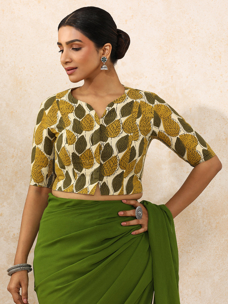 Bhavika x Rozaana | Elbow Sleeves Saree Blouse in Olive Foliage Block Print Cotton-Binks