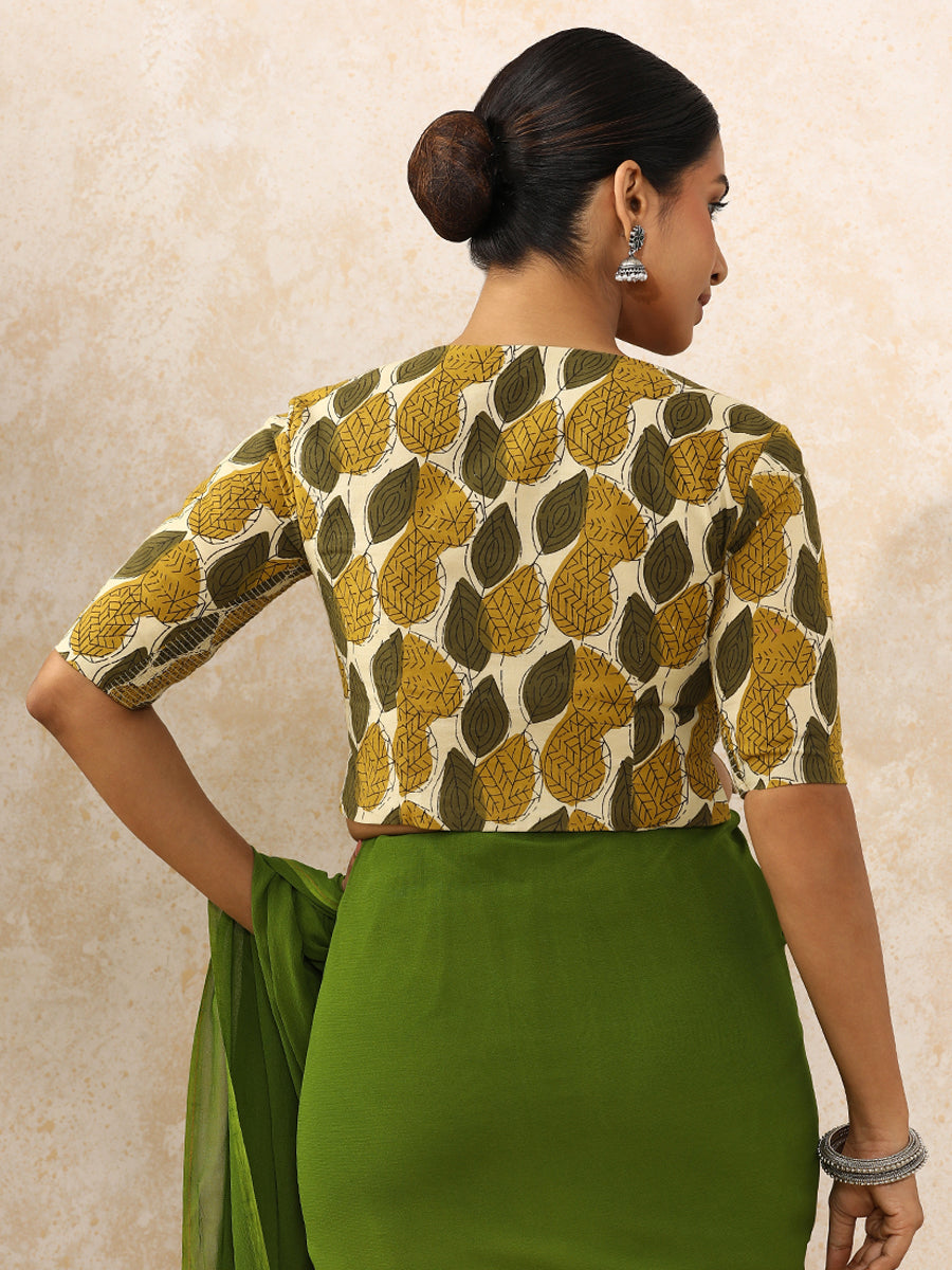 Bhavika x Rozaana Saree Blouse, in Green 100% Cotton - Block Printed, featuring elbow sleeves and round neckline (view 2).