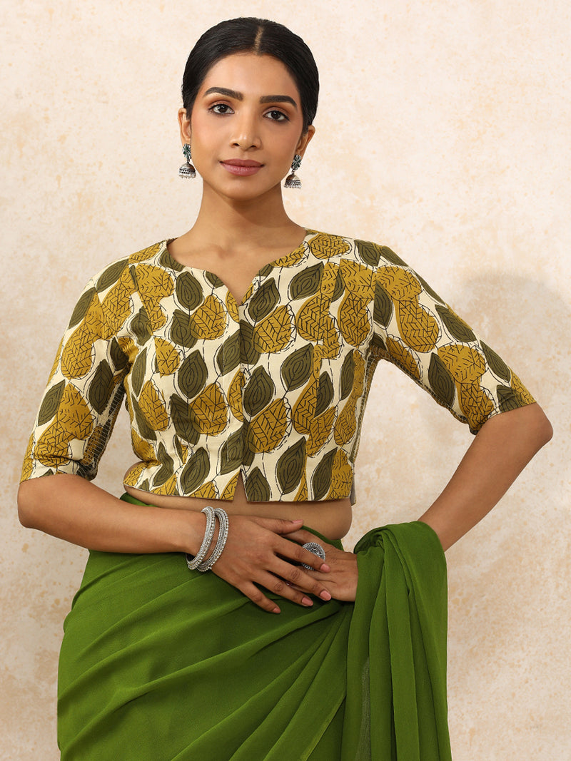 Bhavika x Rozaana | Elbow Sleeves Saree Blouse in Olive Foliage Block Print Cotton-Binks