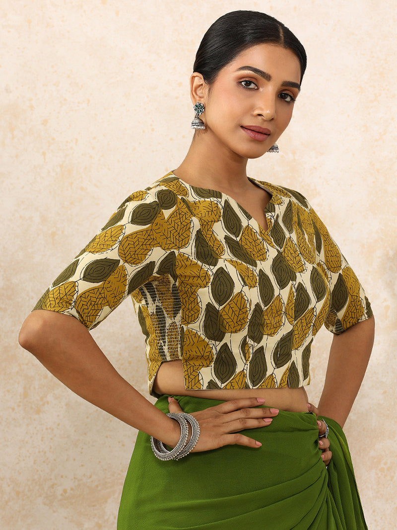 Bhavika x Rozaana | Elbow Sleeves Saree Blouse in Olive Foliage Block Print Cotton-Binks
