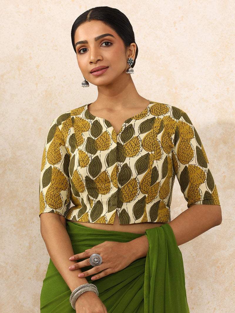 Bhavika x Rozaana | Elbow Sleeves Saree Blouse in Olive Foliage Block Print Cotton-Binks