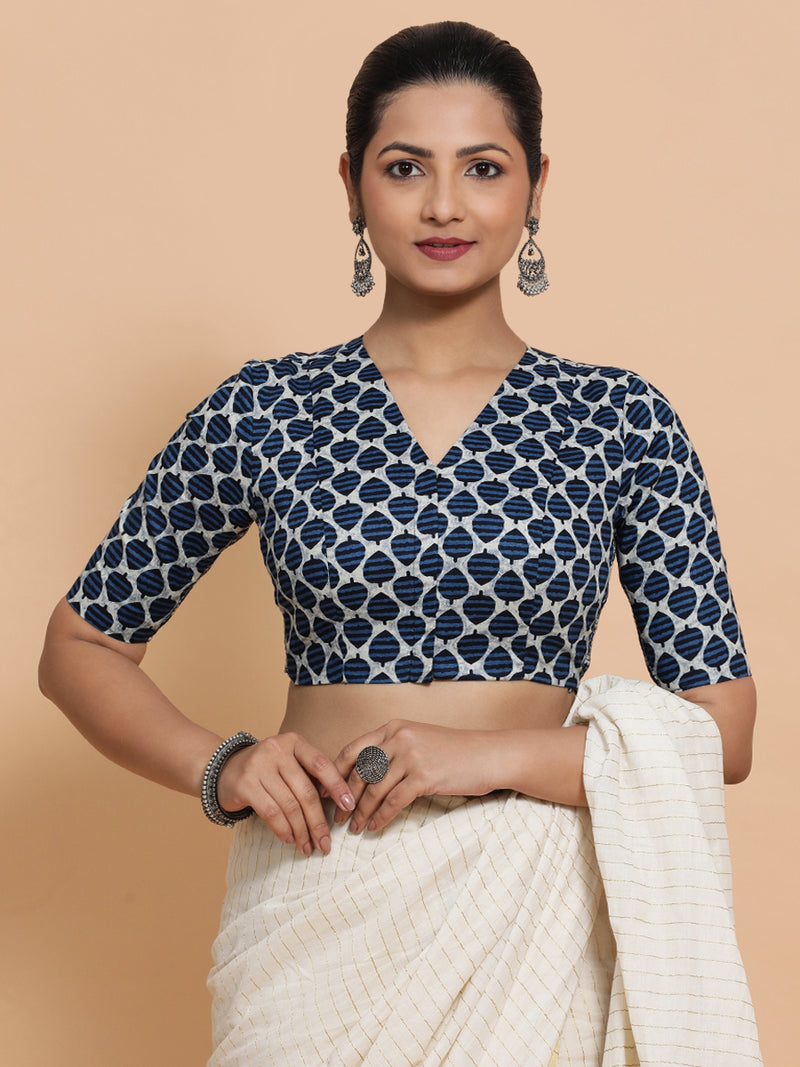 Bhumi x Rozaana | Elbow Sleeves Cotton Saree Blouse in Indigo Blue Leaf Block Print Fabric-Binks