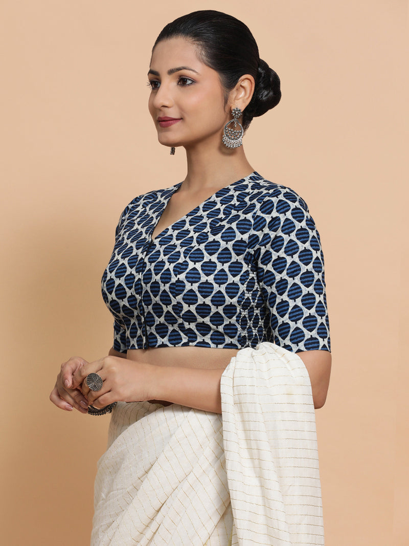 Bhumi x Rozaana | Elbow Sleeves Cotton Saree Blouse in Indigo Blue Leaf Block Print Fabric-Binks