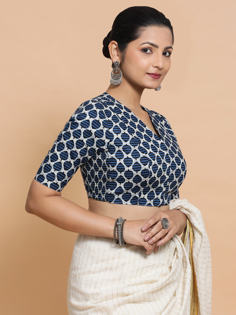 Bhumi x Rozaana | Elbow Sleeves Cotton Saree Blouse in Indigo Blue Leaf Block Print Fabric-Binks