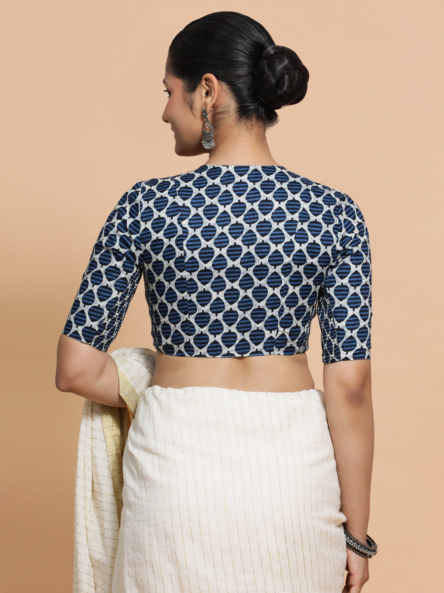 Bhumi x Rozaana Saree Blouse, in Blue Cotton, featuring elbow sleeves and v-neckline, made for daily & work (view 2).